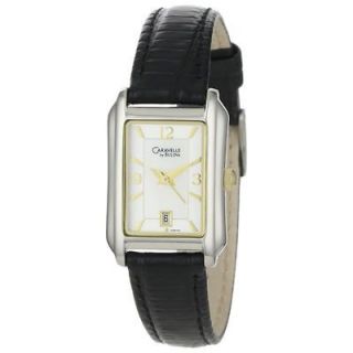   by Bulova Womens Stepped Case Design Black Leather Strap Watch 45M104