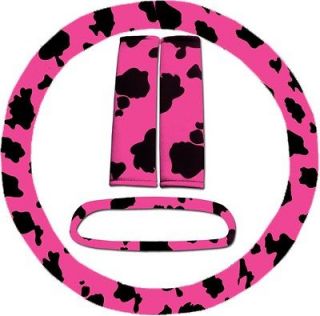 STEERING WHEEL COVER SET WITH PINK & BLACK COW DESIGN. SOFT & DURABLE 