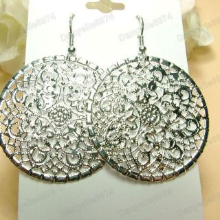   ornate FILIGREE drop EARRINGS gold/silver round hoop cut out disc