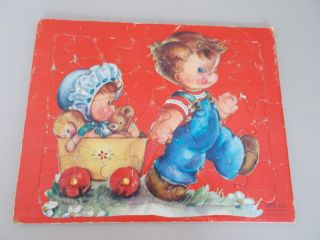 Vintage 1961 SIFO Boy Pulling Girl Dolls & Bear in Cart Tray Puzzle 