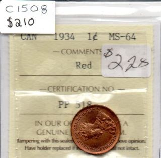 1934 Canadian 1 Cent, ICCS Graded MS 64, Red, C1508