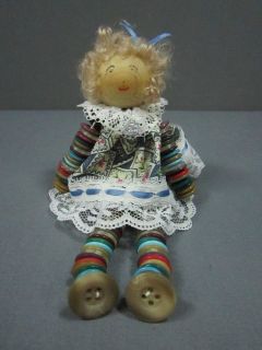   WOOD AND BUTTON DOLL 5 1/2 TALL VINTAGE HANDCRAFTED BUTTON DOLL