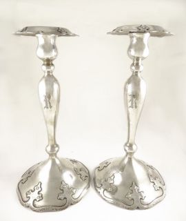   Pair Antique c1900 Arts Crafts Sterling Silver Large Candle Holders