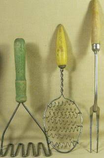   of 3 Vintage Wooden Handle Cooking Utensils Fork Spoon Potato Masher
