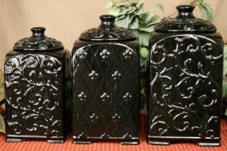   Drake Design Black Scroll Fleur de Lis Ceramic Kitchen Canisters S/3