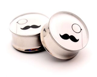 Pair of Mustache and Monocle Picture Plugs Style 1 gauges Choose Size 