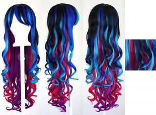 29 Long Curly w/ Long Bangs Bold Multi Colored Rainbow Cosplay Wig 