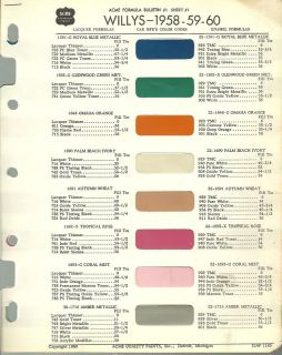 1958/1959/1960 WILLYS COLOR CHIP SAMPLE PAINT CHART Brochure ACME