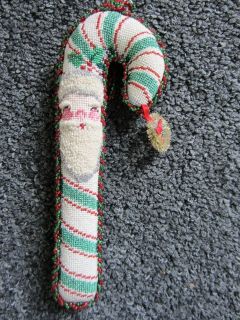 Needlepoint Canvas Christmas Ornament Candy Cane with Santa (Finished)