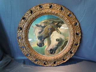 Antique Original PHARAOHS HORSES Round Color Print Litho Wood Frame J 