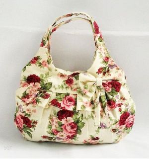 Beautiful red flowers bowknot canvas small clutch purse make up bag 
