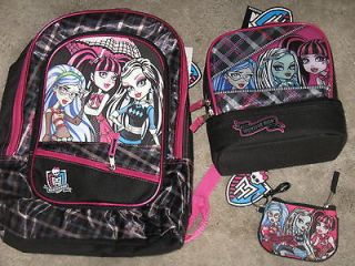 Monster High Backpack w/3 Dolls Picture / Matching Lunch Bag & ID 