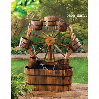 Water Fountain All Wood Wagon Wheel + Buckets Yard Garden Country 