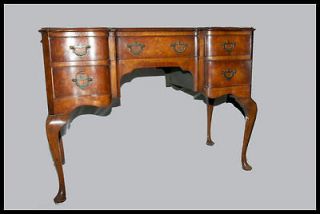 Antique 1920s Edwardian Burr Walnut Queen Anne Revival Pedestal Desk 