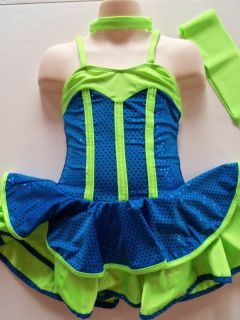 NEW Sparkly Teal & Lime Ice Figure Skating Dance Dress Child L CL 