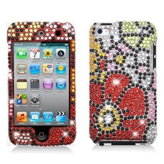 APPLE IPOD 4 TOUCH 3D RED PINK ED HARDY STYLE FLOWER FULL DIAMOND CASE 