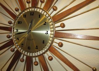 Vintage Westclox Nocord Clock Eames Atomic Era Sunburst Brass & Wood