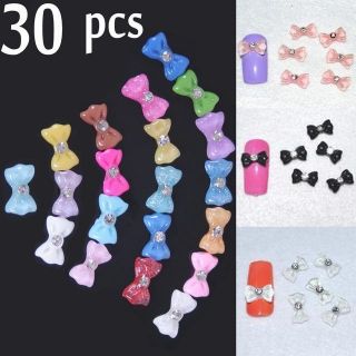 COLORFUL 30 PCS 3D RHINESTONES BOWTIE ACRYLIC NAIL ART FOR TIPS 