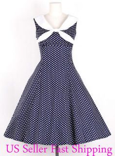 50s Vintage Size M WhiteDot/Navy Blue Sailor Dress Polka Dot 