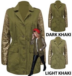   MILITARY STYLE KHAKI GOLD SEQUINS SLEEVE WOMENS JACKET SIZE S L