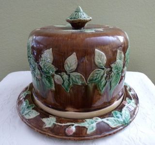 Authentic 19th C Majolica Cheese Dome and Matching Plate Stand