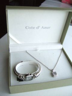 Cote d Azur Silver Jewelry Set Necklace with Stone and Watch