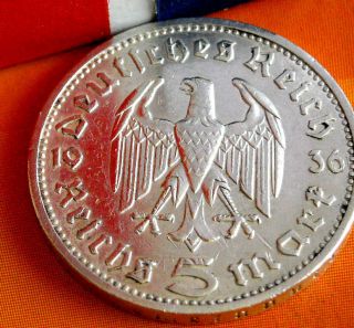 1936 E NAZI HINDENBURG 5 Mark .900 SILVER COIN German WW2 GERMANY 5 