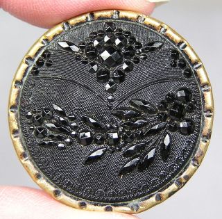 BLACK GLASS BUTTON SET IN BRASS ~ LACY DESIGN METAL