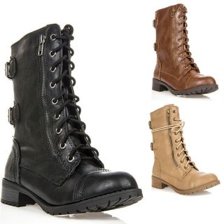 Womens Shoes Lace Up Military Combat Mid Calf Boots Black Tan Camel 