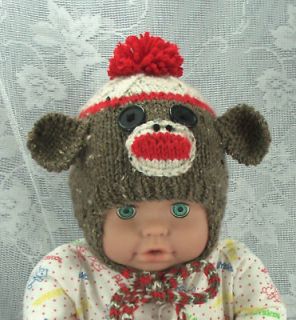 Sock Monkey Handmade Knit Baby Ear Flap Hat Newborn to 3mo.