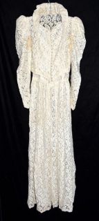 1930s White Flowered Lace Long Wedding Dress & Jacket with Wire In 