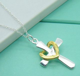   Gift Solid Silver 18K GP Heart Cross Pendant Chain Necklace +Box XL74