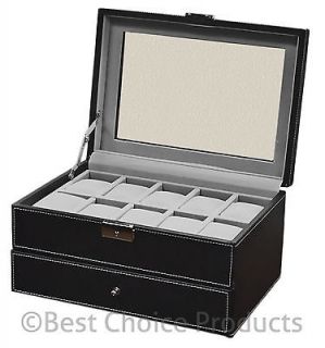 Watch Box Large 20 Mens Black Leather Display Glass Top Jewelry Case 