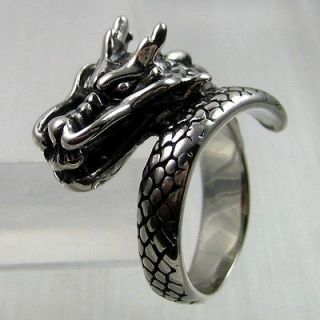 Vintage Biker Black Silver Stainless Steel Dragon Mens Ring Size 8