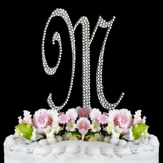   Monogram Cake Toppers Completely Covered Crystal Silver Initial Letter