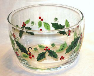 Libbey Glass Christmas Holiday Holly Open Candy Nut Dish Bowl