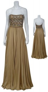 REEM ACRA Exquisite Golden Silk Rhinestone Sequins Floor Length Gown 