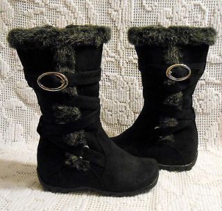 LUCKY TOP girls BOOTS black faux suede with faux fur and buckle trim 