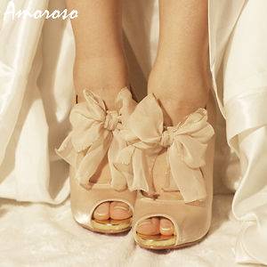 satin glamorous sweet peep toe bridal heel with charmingly oversized 