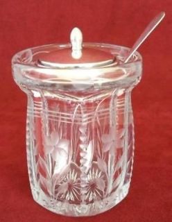 ANTIQUE HEISEY CUT GLASS JAM HOLDER with STERLING SILVER LID & SPOON 