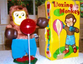 Vintage Japanese Tin Wind Up Boxing Monkey Toy with Box