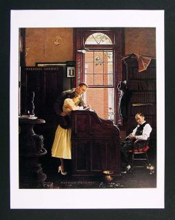 Norman Rockwell Print   Marriage License   Getting Married Registering 