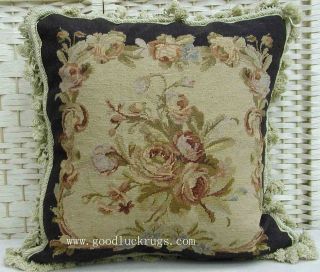  Floral Roses Wool Needlepoint Sofa Couch Chair Black Pillow Cushion
