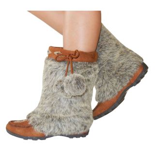 Suede Fur Shaft Beading Deco Pompom Mid Calf Slip in Style Flat Boots 