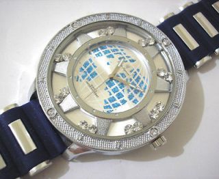 Iced Out Bling Bling Big Case Globe Dial Mens Watch Navy Blue