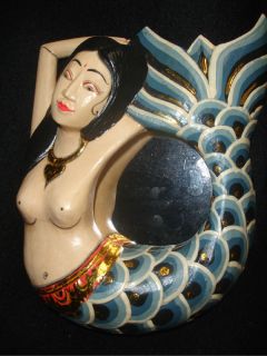 Mermaid goddess Wall Mirror hand carved wood Bali folk art Teal
