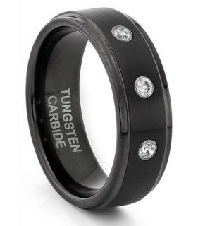 8MM Tungsten Mens Brushed Black Diamond Wedding Band Ring