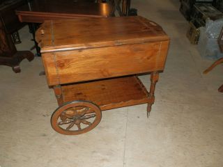   RARE ANTIQUE RUSTIC PINE TEA/SERVING CART WITH LARGE SPOKED WHEELS