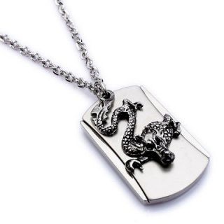 Army Style Cool Silver Dragon Beauty Dog Tag Mens Pendant Necklace 