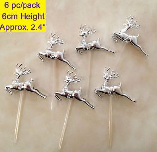 6pc Gold Silver Deer Cupcake Pick Cake Topper Puffy Christmas Tree 